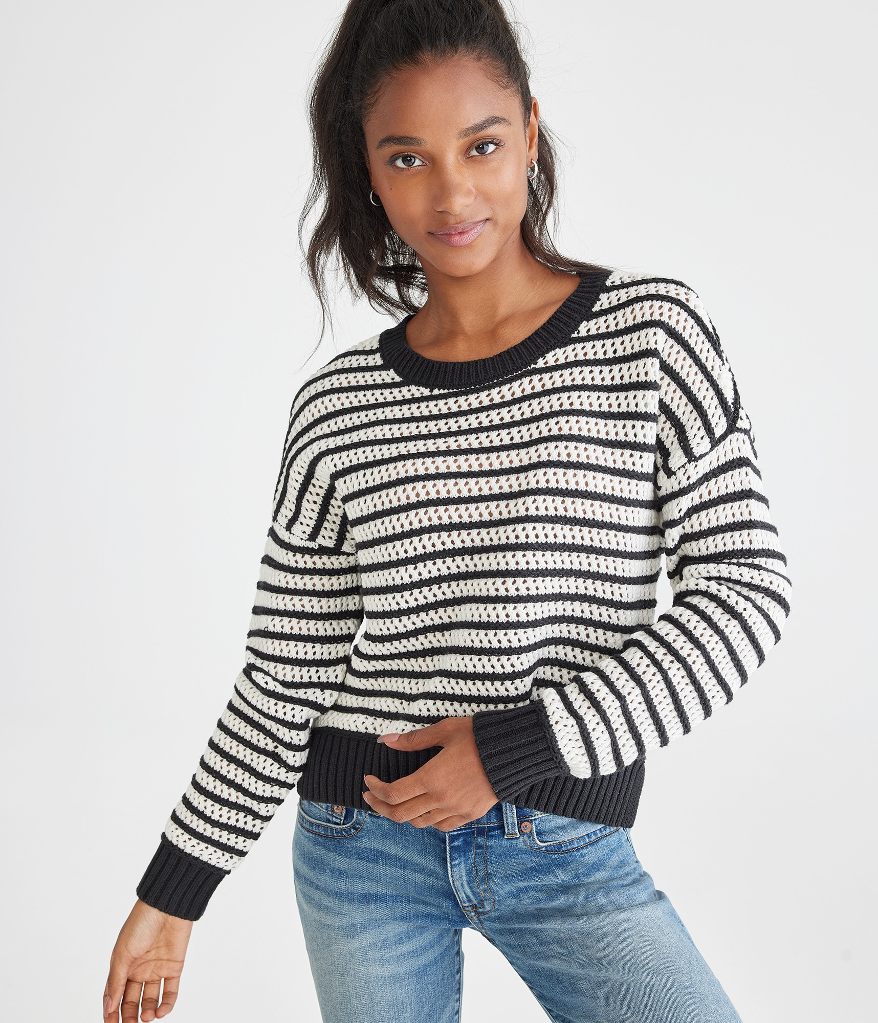 Striped Open Knit High-Low Crew Sweater