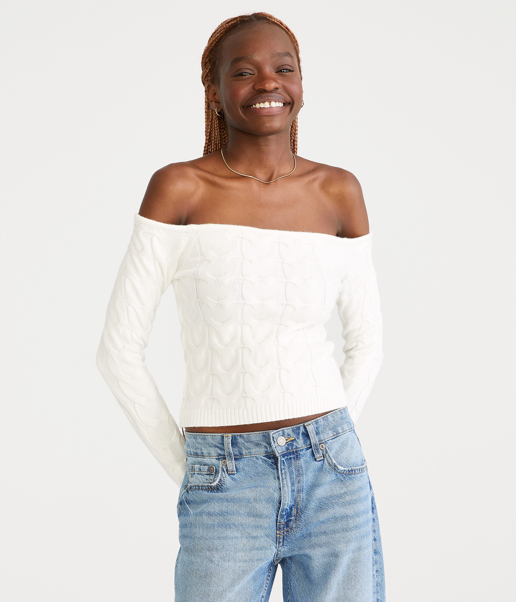 Cable Cropped Off-The-Shoulder Sweater