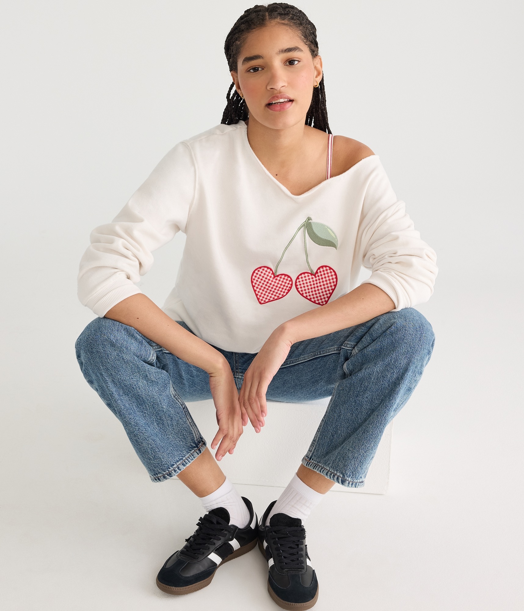 Cloud Soft Heart Cherries Oversized Off-The-Shoulder Sweatshirt