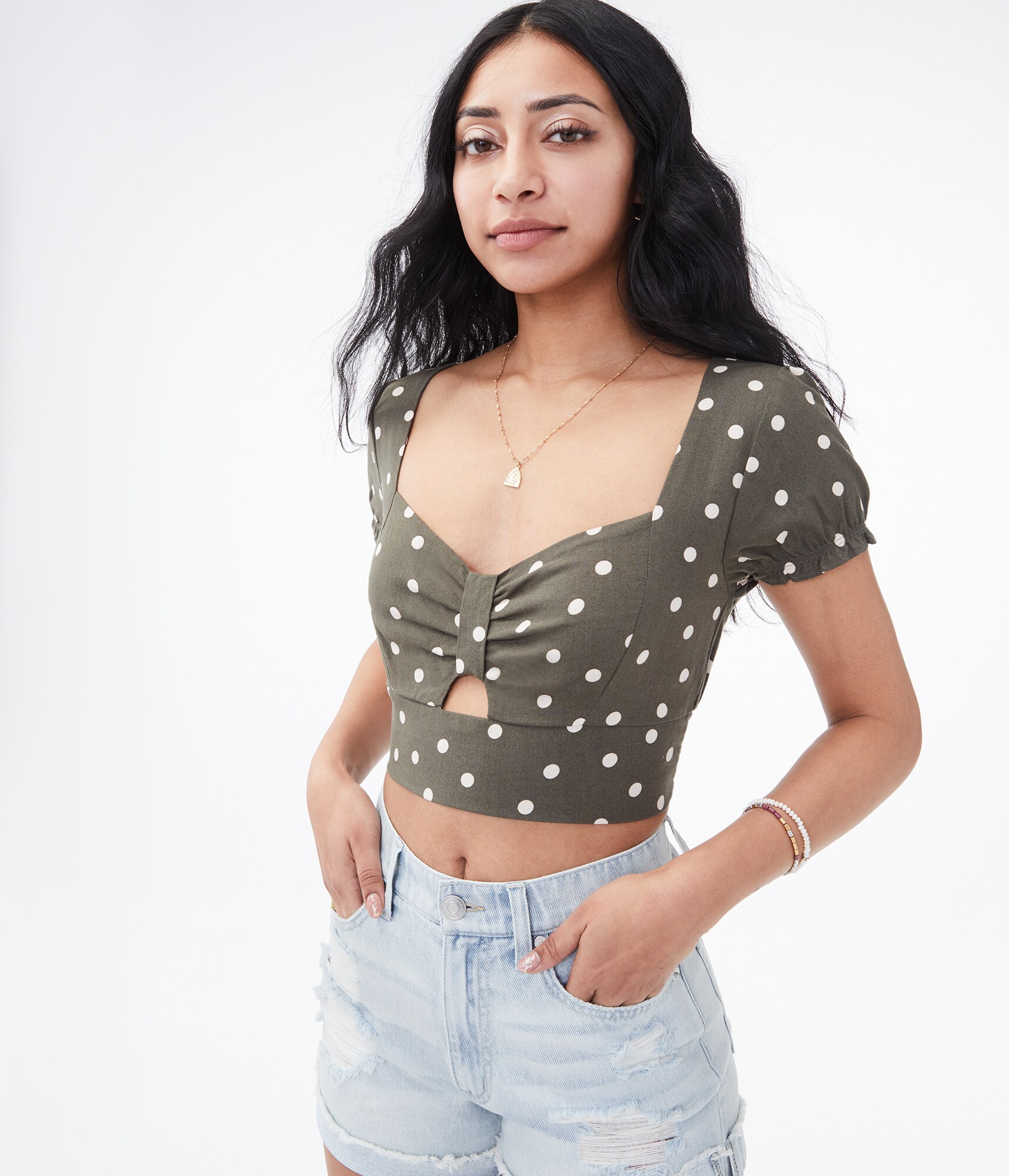 Patterned Keyhole Cutout Crop Top