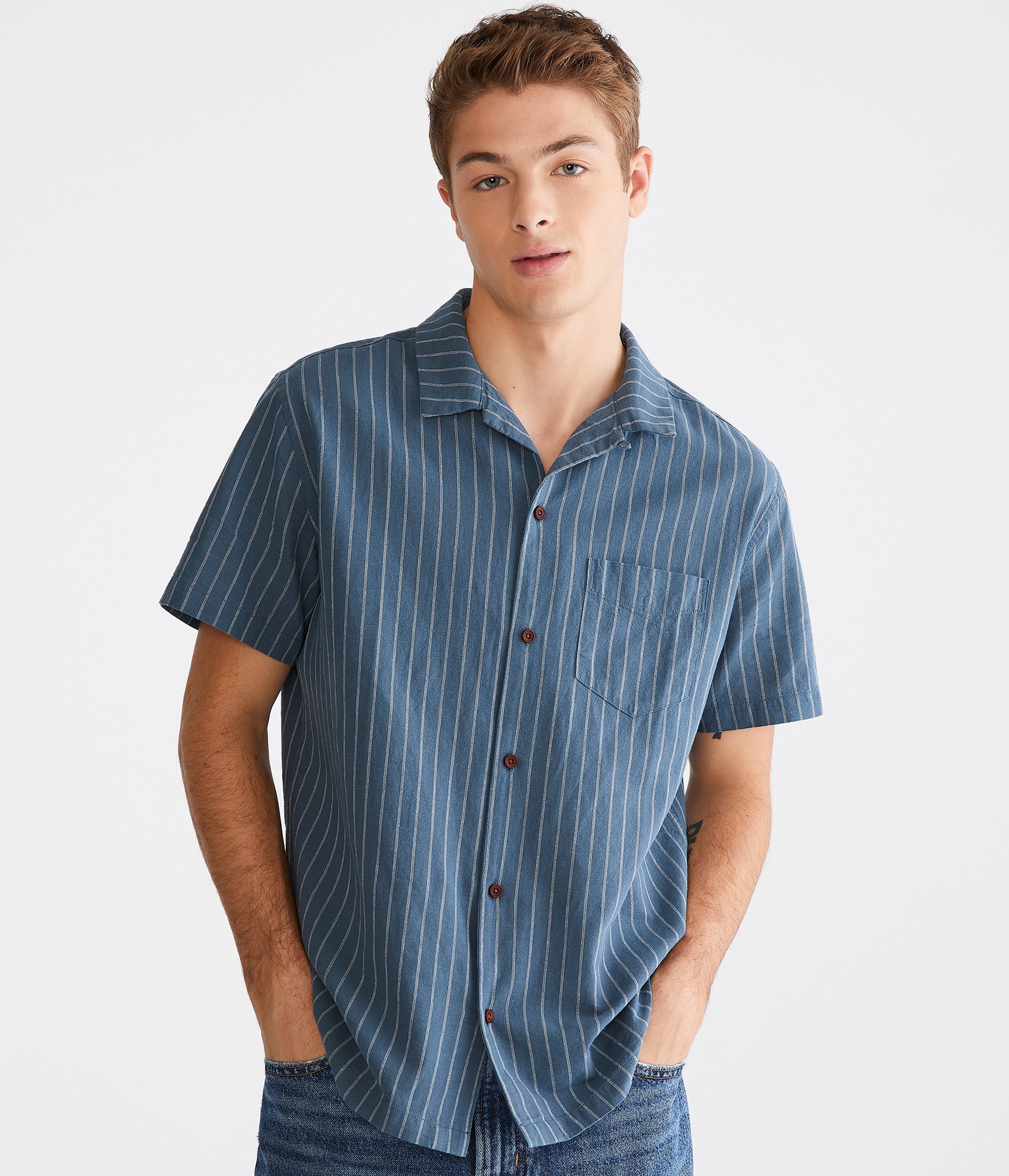 トップス Cotton Polyester Stripe OX B.D. Shirt Vertical Stripe Hemp Oxford Shirt