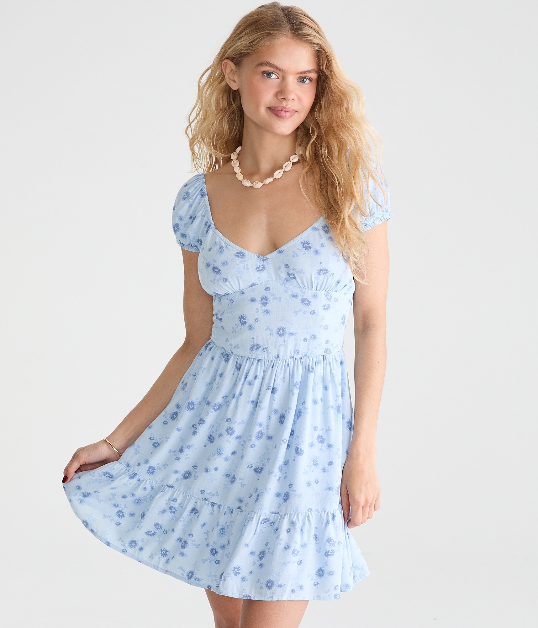 aeropostale blue floral dress Womens' V-Neck Fit & Flare Mini - Light - Size M - Rayon - Teen Fashion & Clothing this femme floral dress COLORS_Green A-Line Wedding Dresses | Color:Misty Blue