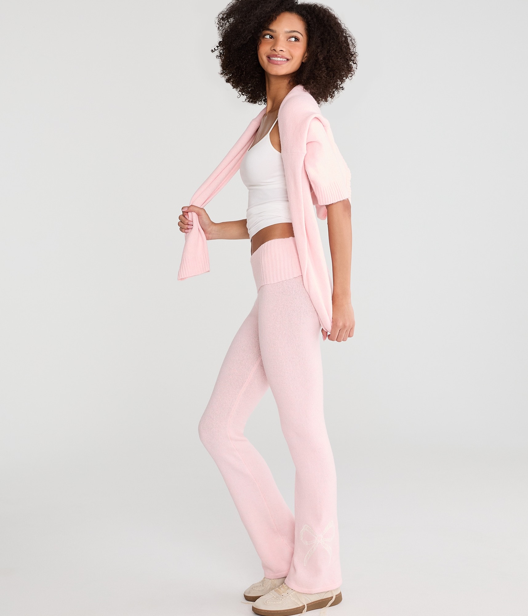 Lace Bow Cozy Sweater Flare Leg Pants