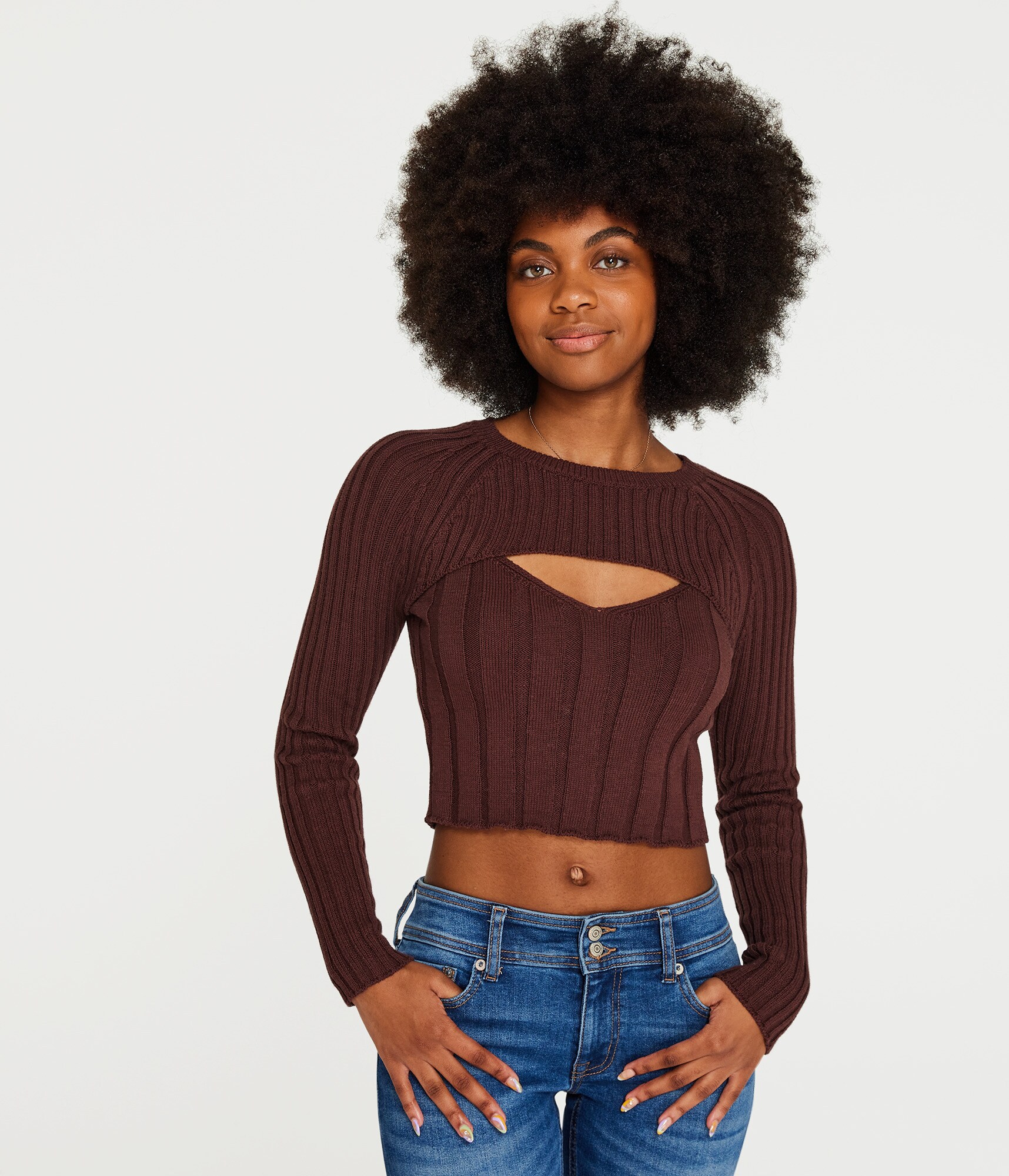 Ribbed Cutout Cropped Crew Sweater