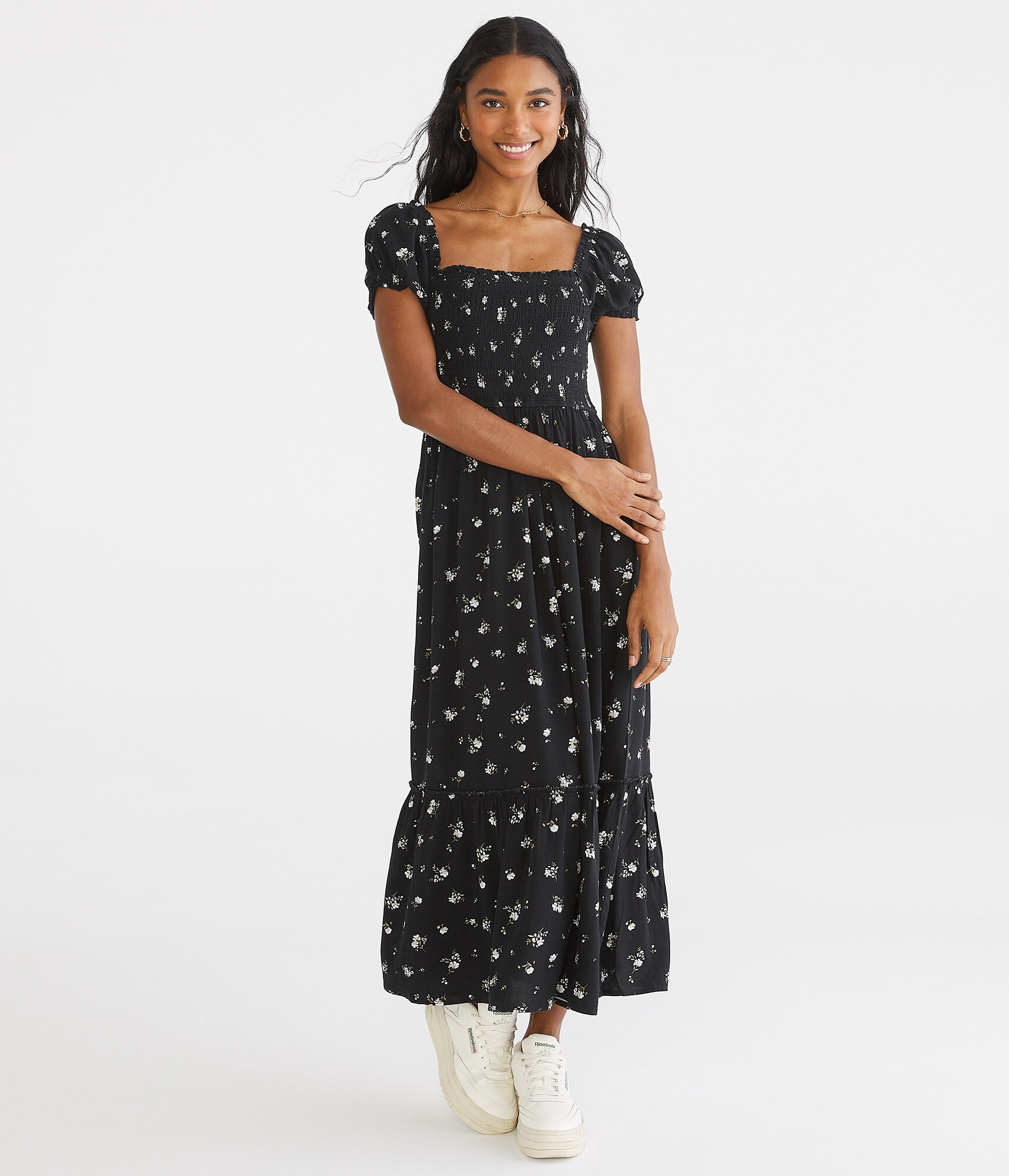 Floral Square-Neck Tiered Midi Dress Floral Square-Neck Tiered Midi Dress