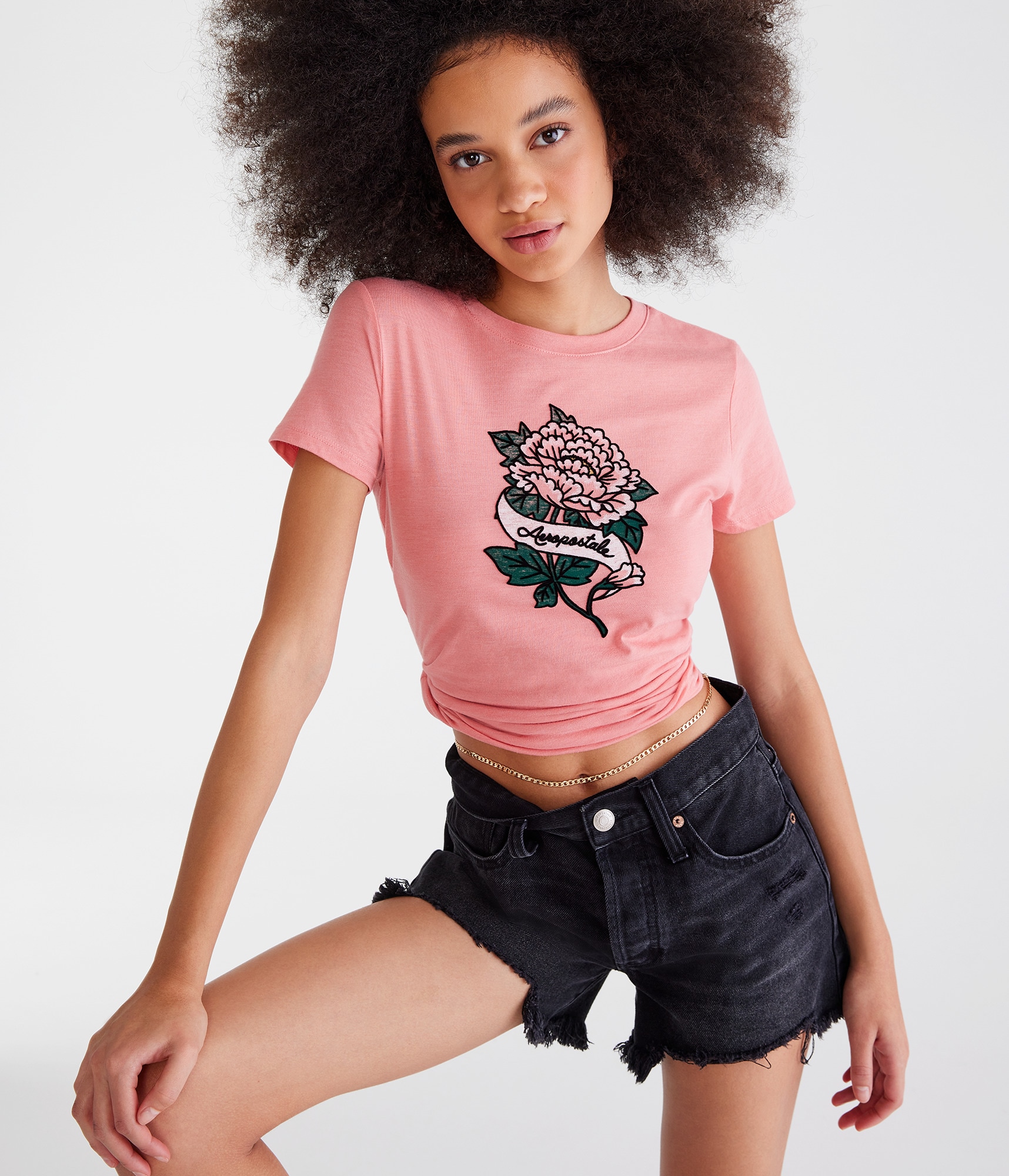 Aeropostale Floral Flocked Graphic Tee
