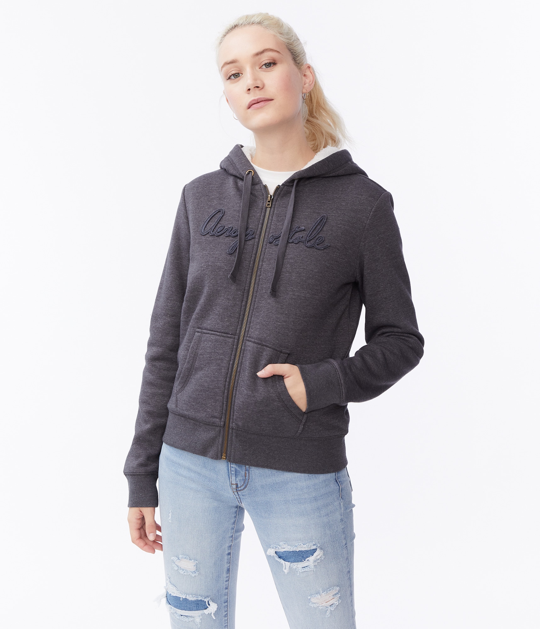 Aeropostale Logo Faux Fur-Lined Full-Zip Hoodie