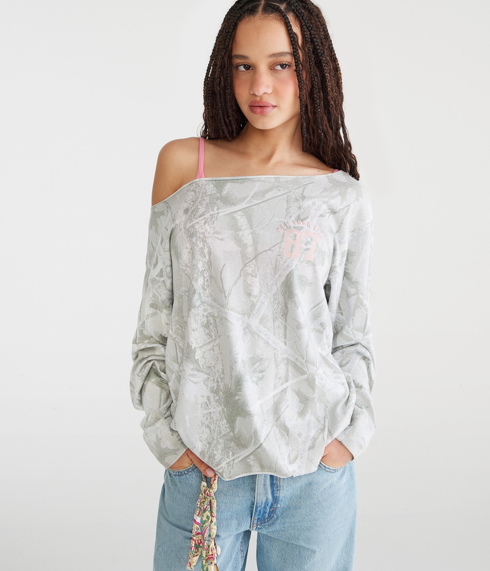 Long Sleeve Seriously Soft NYC Camo Off-The-Shoulder Tee