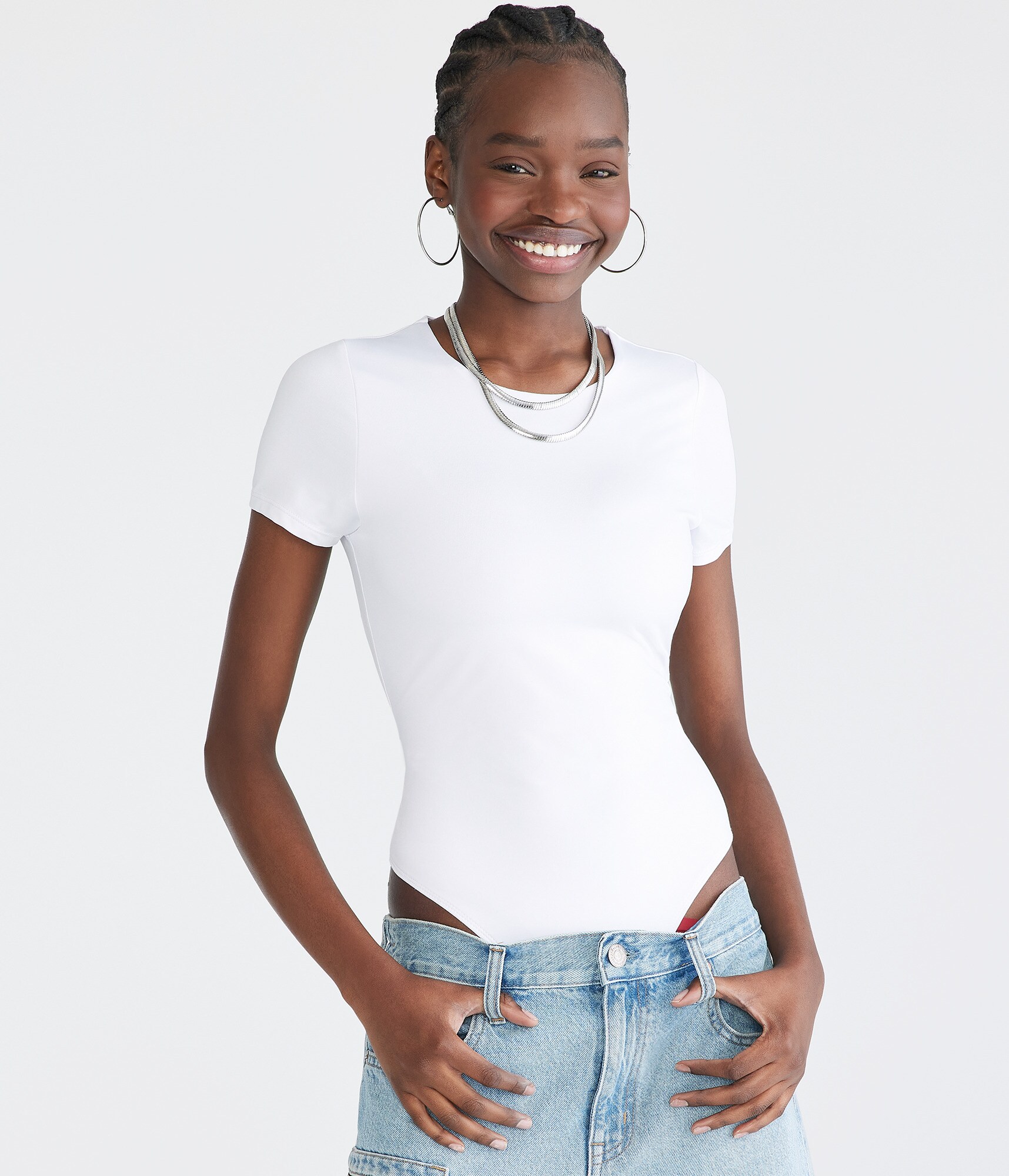 売れ筋商品|||ニューヨークコレクション カットソー トップス レディース Plus Size Short Dot Sleeve Top White Seriously Soft Sculpt Short Sleeve Bodysuit