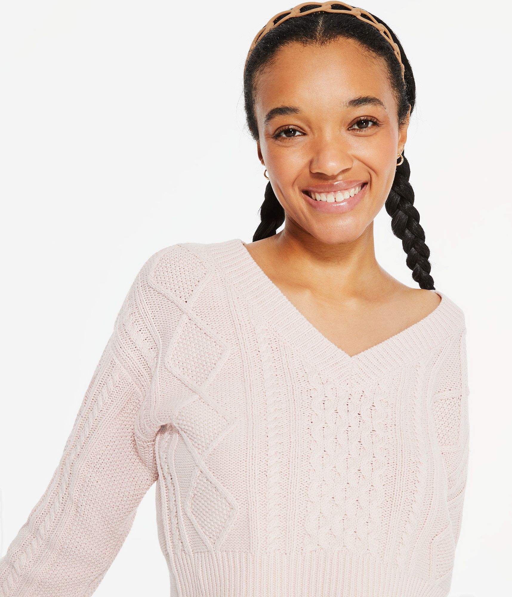 Cable-Knit Cropped V-Neck Sweater