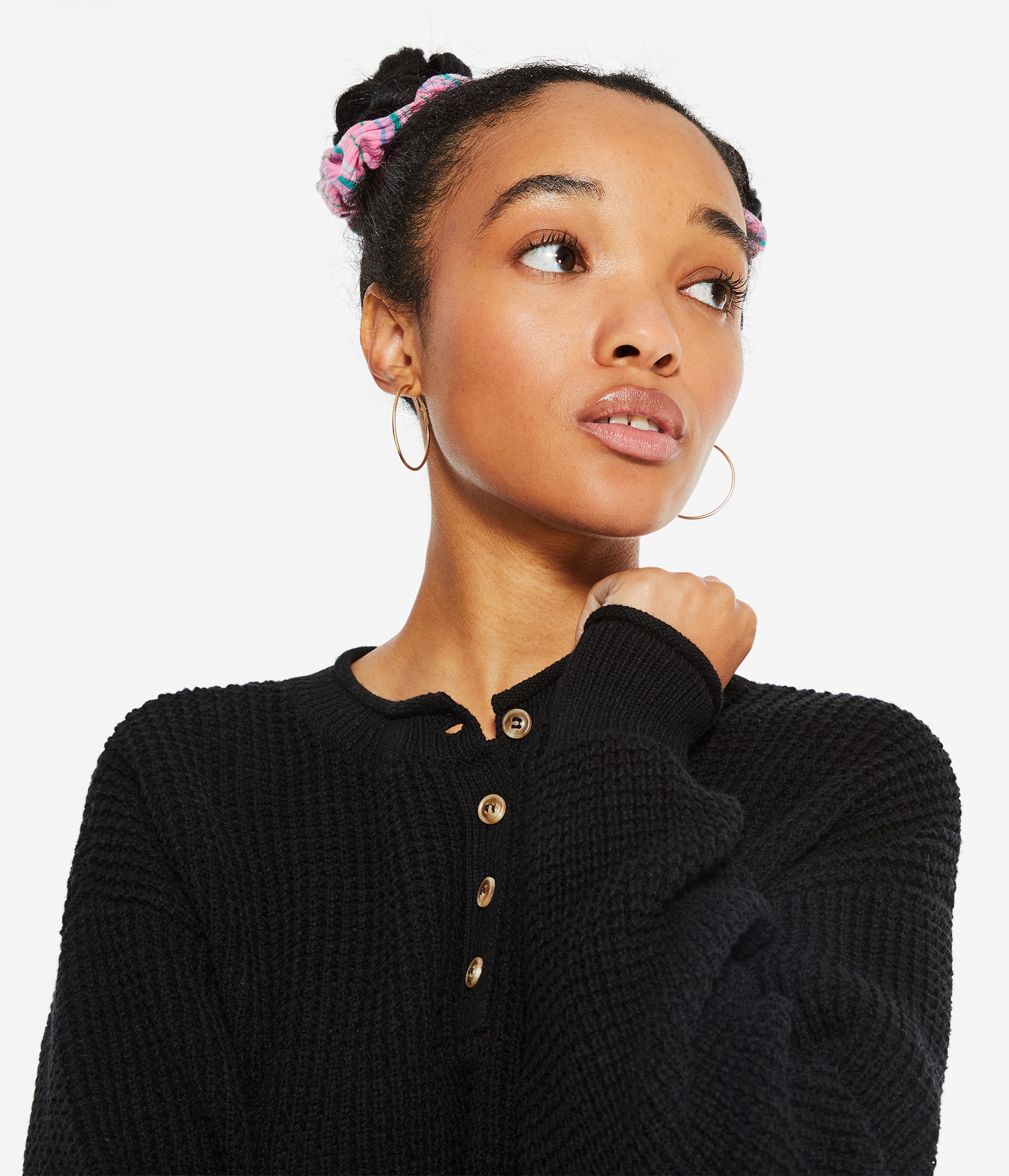 Waffle-Knit Cropped Henley Sweater