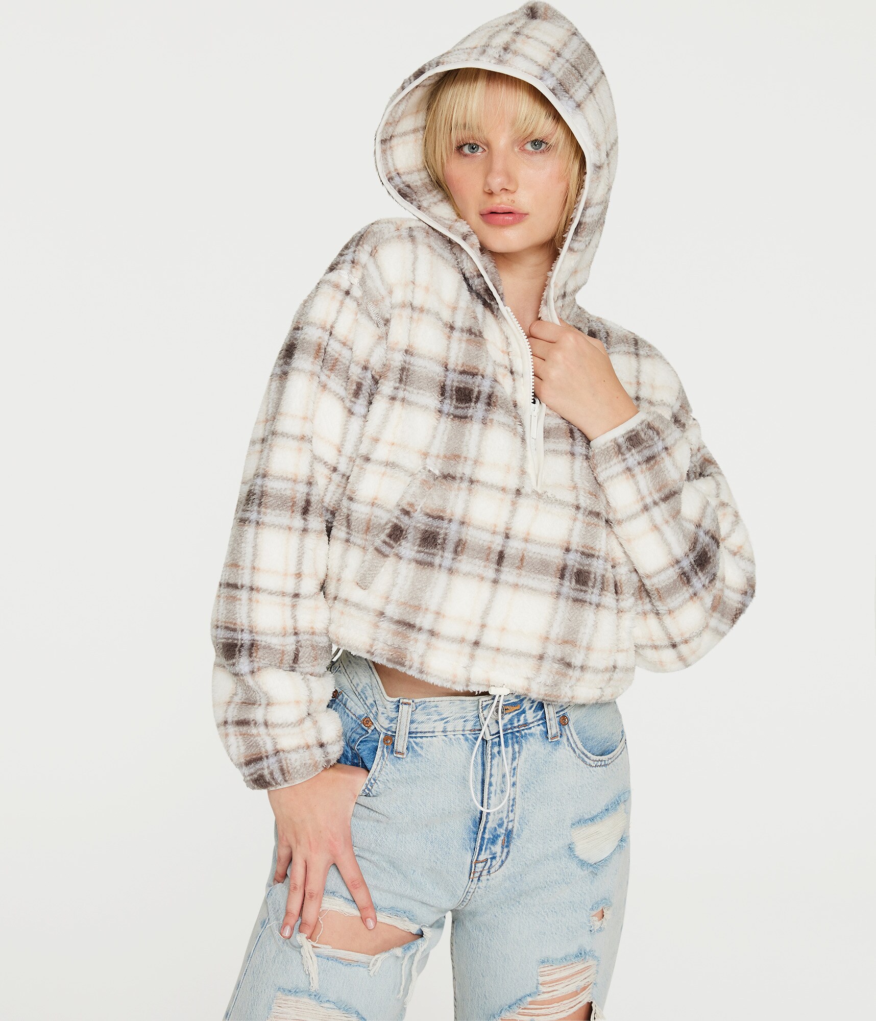 Plaid Sherpa Cinched Pullover Hoodie