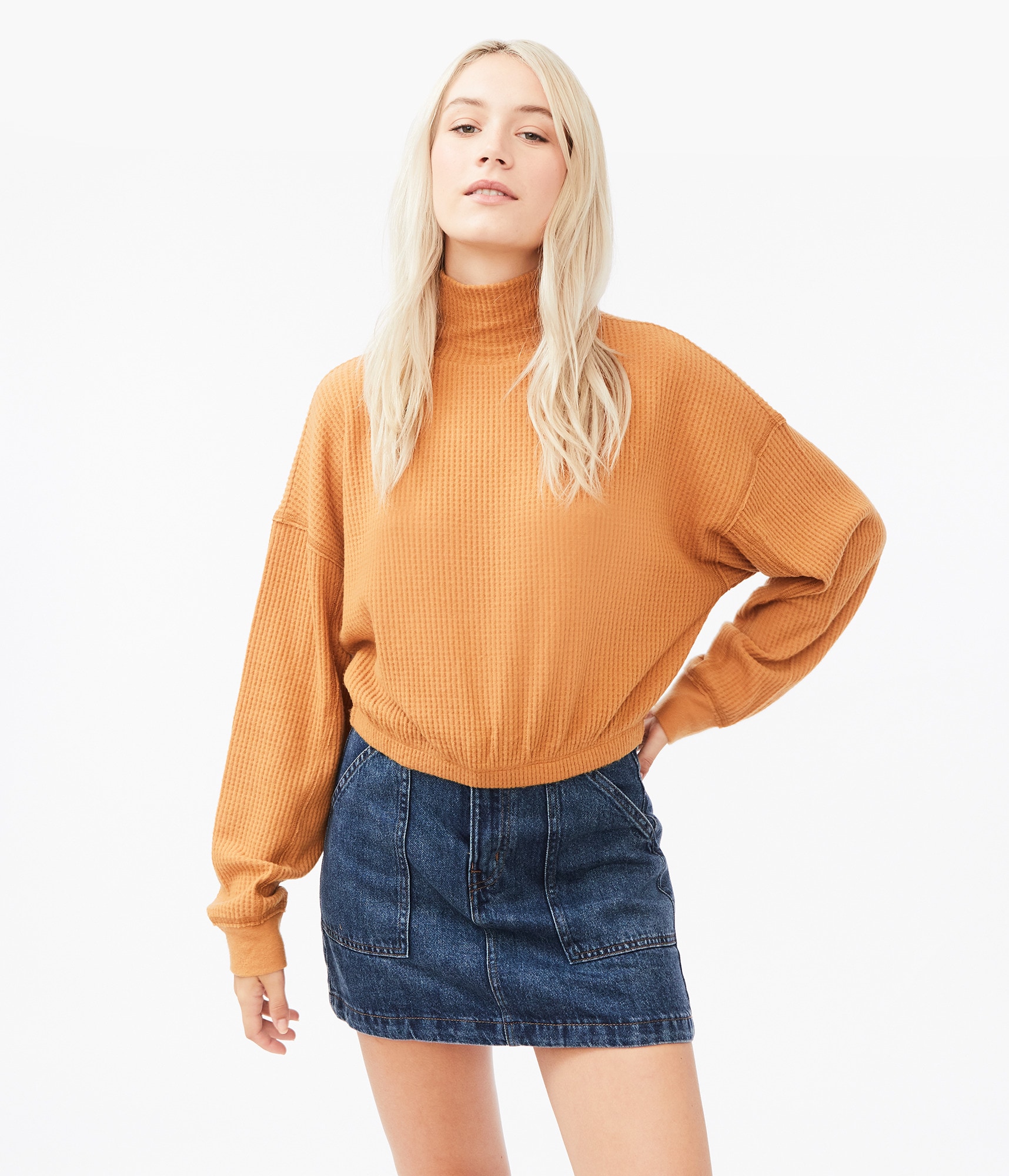 Long Sleeve Oversized Waffle-Knit Mock-Neck Top