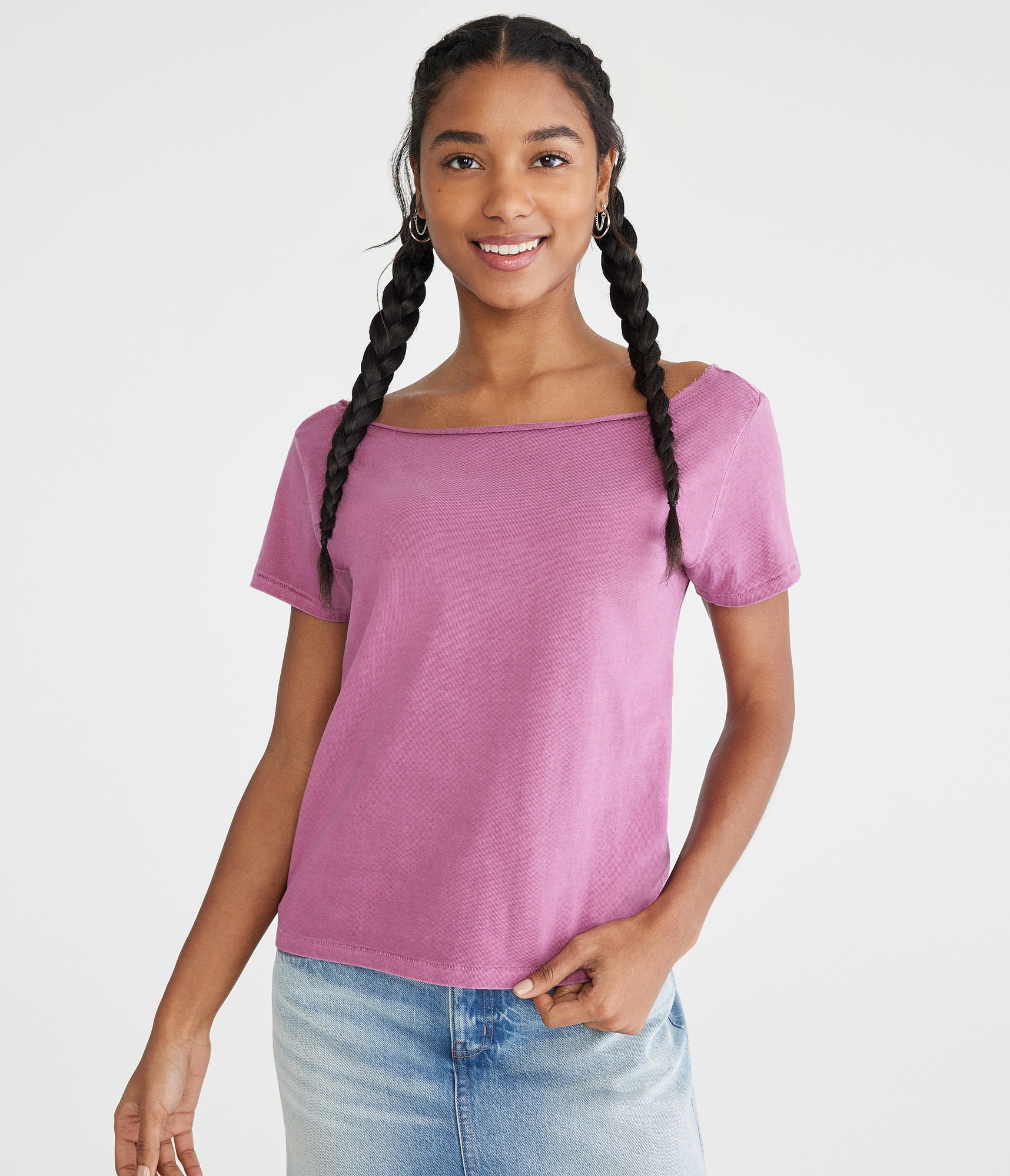 【mnem】Beau Printing One Shoulder Off Tee Washed Off-The-Shoulder Vintage Fit Crew Tee
