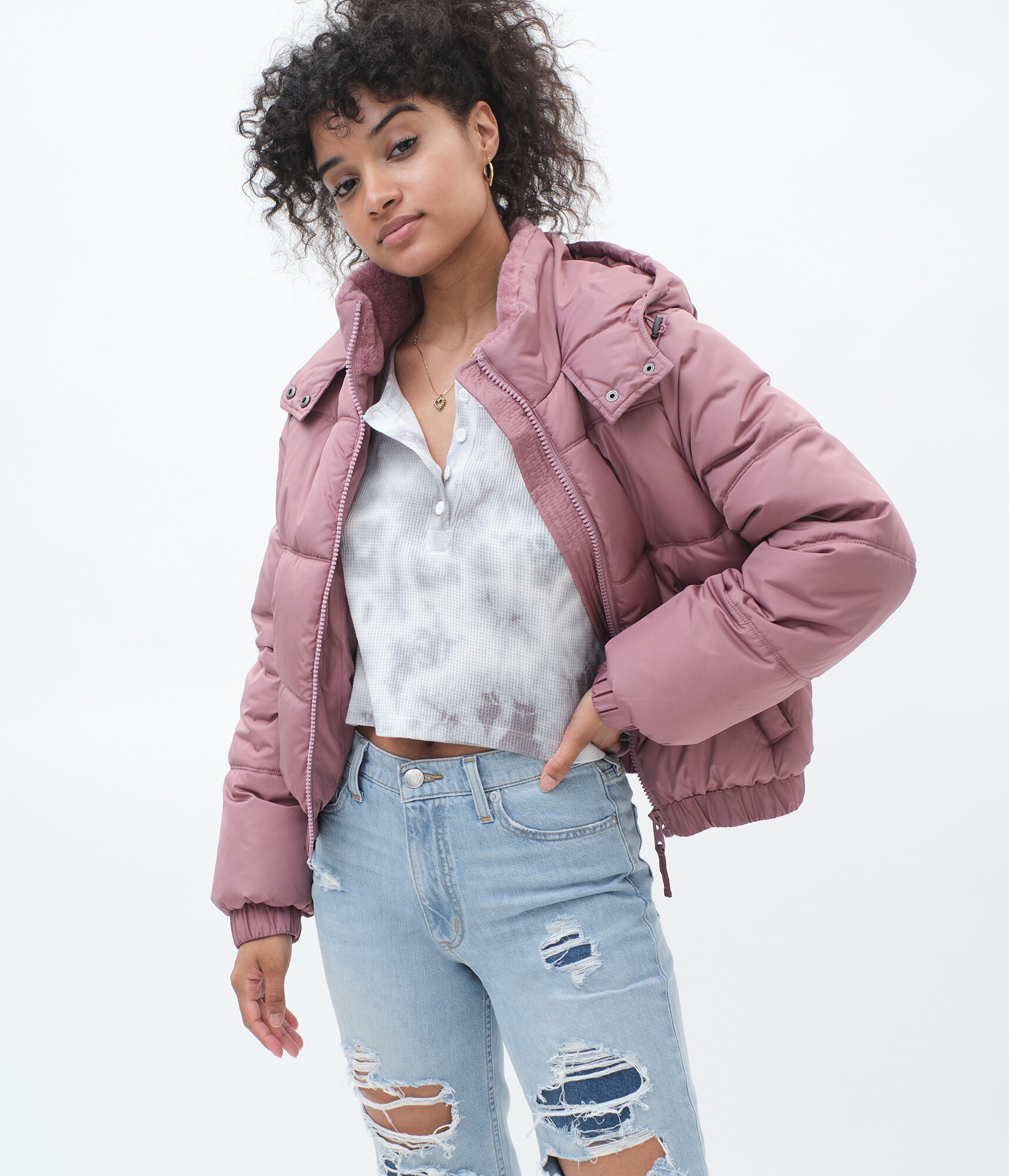 軽量で暖かい【 】Junction Cropped Puffer Women Fashion Pink Cropped Puffer Jacket - Winter Coat