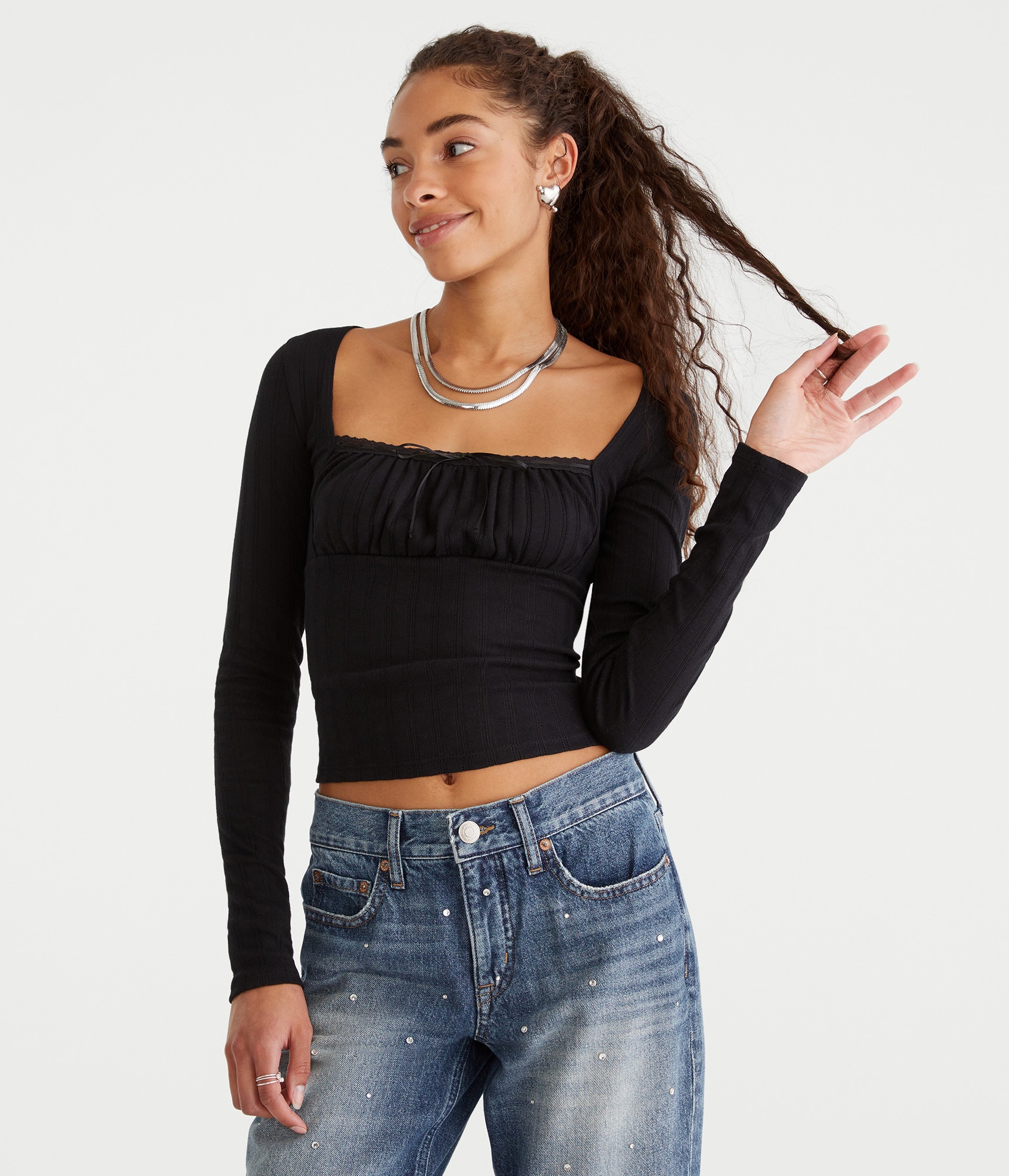 Long Sleeve Ruched Pointelle Top