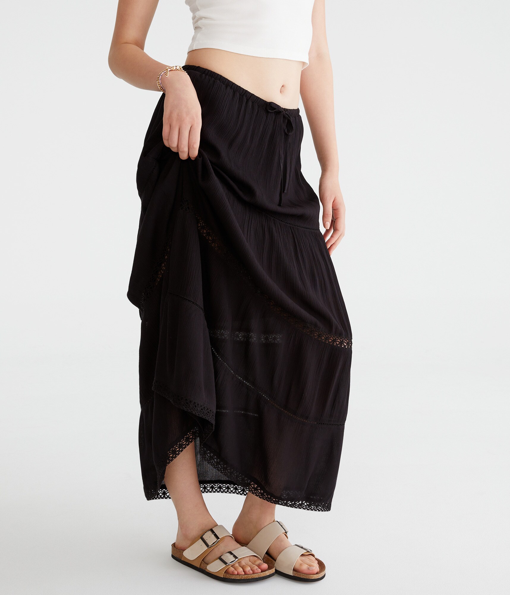 Crinkle Lace-Trim Maxi Skirt