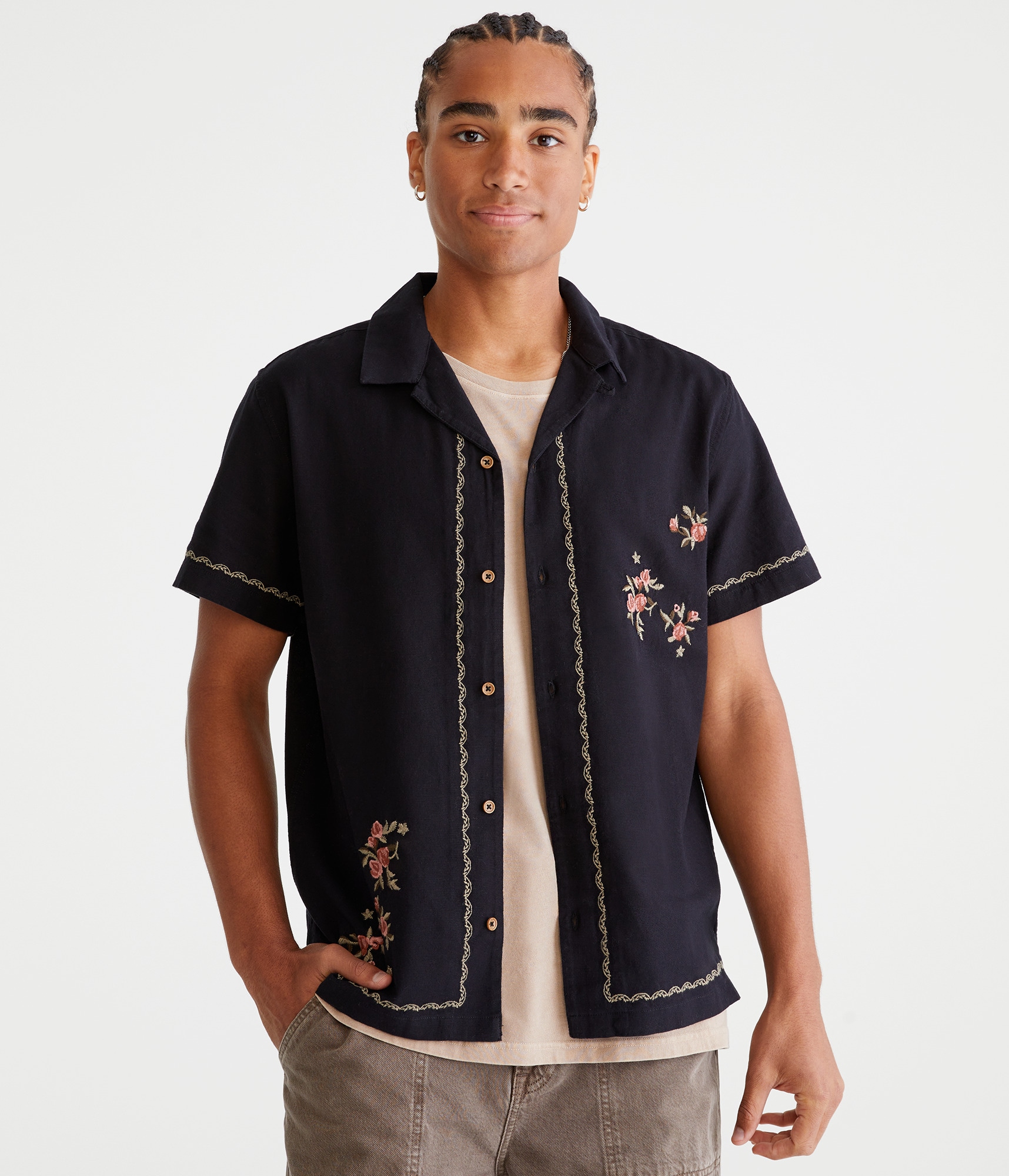 トップス Botanical Embroidery Open-Collared Shirt オープンカラーシャツ -ボタニカルプリント- - セブンバイセブン