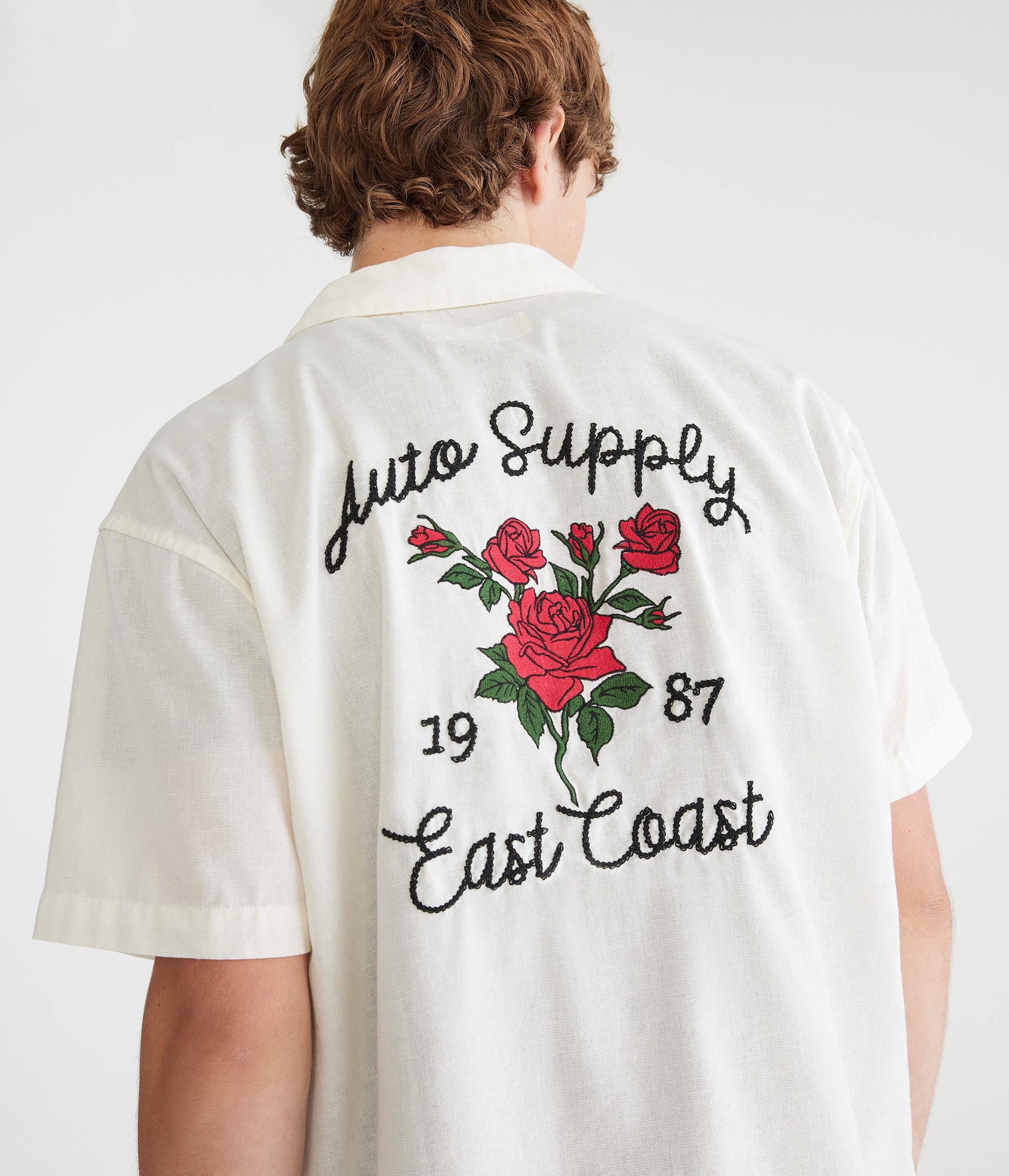 Short Sleeve Roses Auto Supply Boxy Linen Camp Shirt